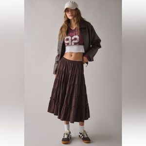 Kimchi Blue Betty Brown Plaid Tiered Midi Skirt